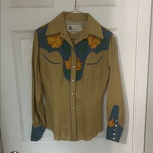 Men's Embroidered Western Dress Shirt - Tan and Blue